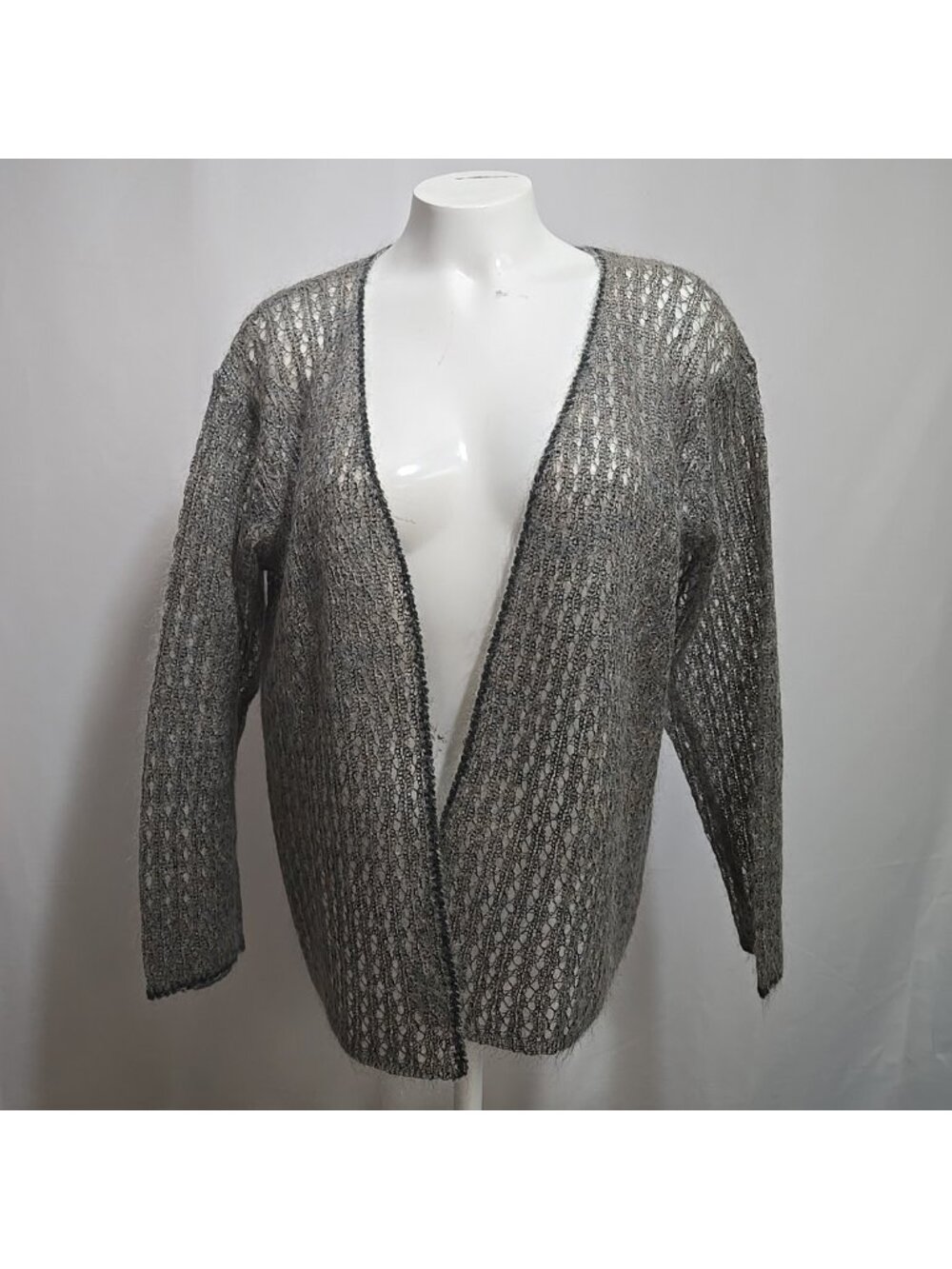 VTG Linda Allard Ellen Tracy Open Cardigan Sweater Size Large Wool Mohair Fuzzy